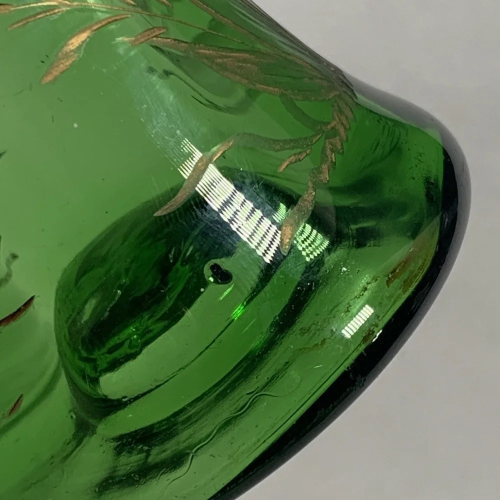 Emerald Green Glass Bud Vase Gold Etched Floral Art Mid Century Decor 8